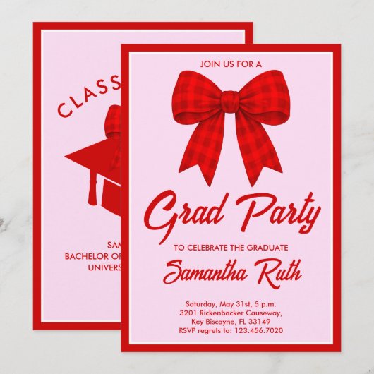Red Gingham Bow Graduation Party 招待状 (正面/裏面)