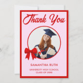 Red Gingham Bow Photo Graduation サンキューカード (正面)