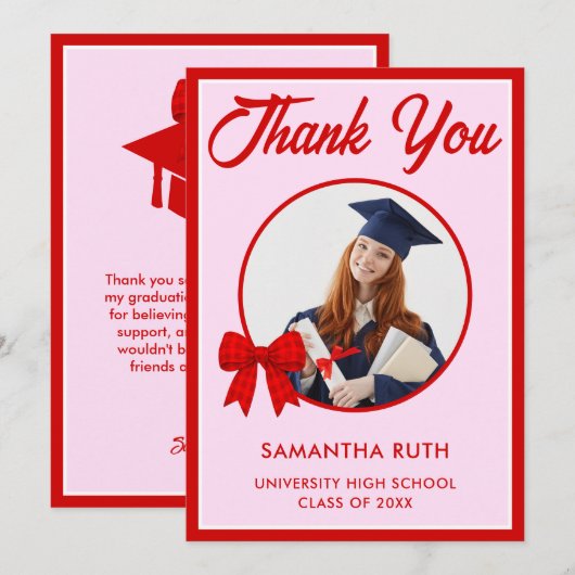 Red Gingham Bow Photo Graduation サンキューカード (正面/裏面)