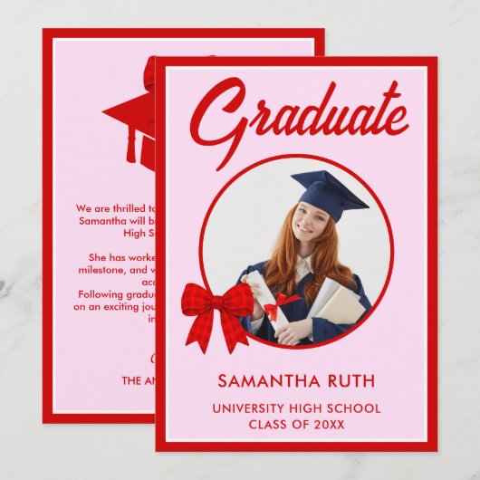 Red Gingham Bow Photo Graduation Announcement 案内状 (正面/裏面)