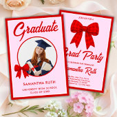 Red Gingham Bow Photo Graduation Party 招待状
