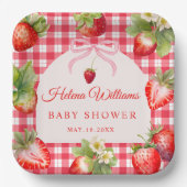 Red Gingham Bow Strawberry Baby Shower Paper Plate ペーパープレート (正面)