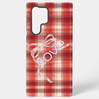 Red Gingham Check Love Ribbon Phone Case Samsung Galaxy S22 Ultraケース