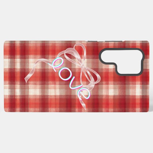 Red Gingham Check Love Ribbon Phone Case Samsung Galaxyケース (裏面横)