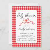 Red Gingham Cute Bow Handwriting Baby Shower 招待状 (正面)