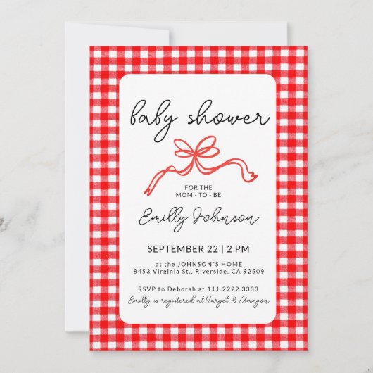 Red Gingham Cute Bow Handwriting Baby Shower 招待状 (正面)