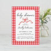 Red Gingham Cute Bow Handwriting Baby Shower 招待状 (スタンド正面)