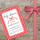 Red Gingham Cute Bow Handwriting Baby Shower 招待状