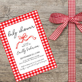 Red Gingham Cute Bow Handwriting Baby Shower 招待状
