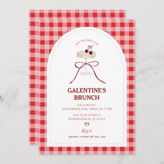 Red Gingham Galentine’s Brunch Cherry Cocktail  招待状 (正面/裏面)