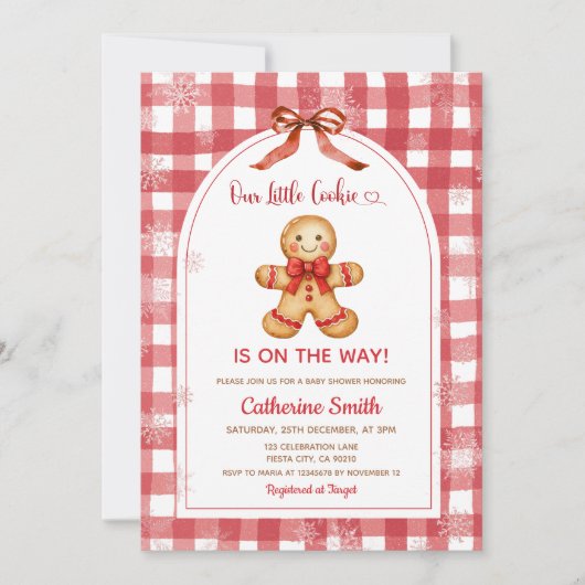 Red Gingham Gingerbread Christmas Baby Shower  招待状 (正面)