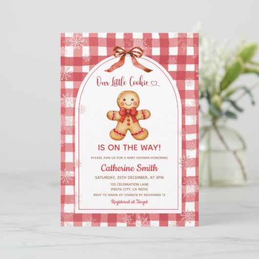 Red Gingham Gingerbread Christmas Baby Shower 招待状 (スタンド正面)