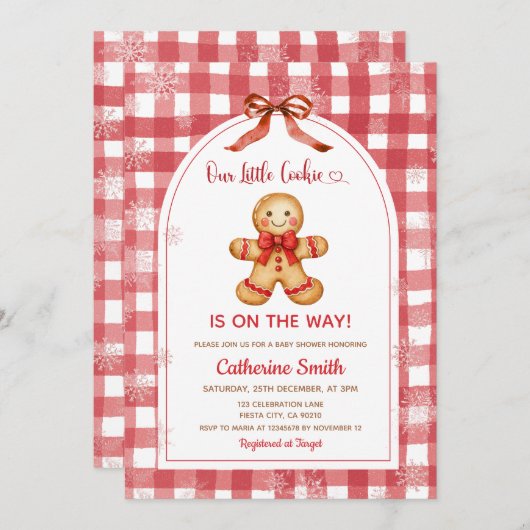 Red Gingham Gingerbread Christmas Baby Shower  招待状 (正面/裏面)