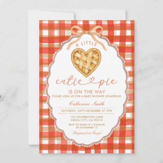 Red Gingham Heart Cutie Pie Baby Shower 招待状 (正面)