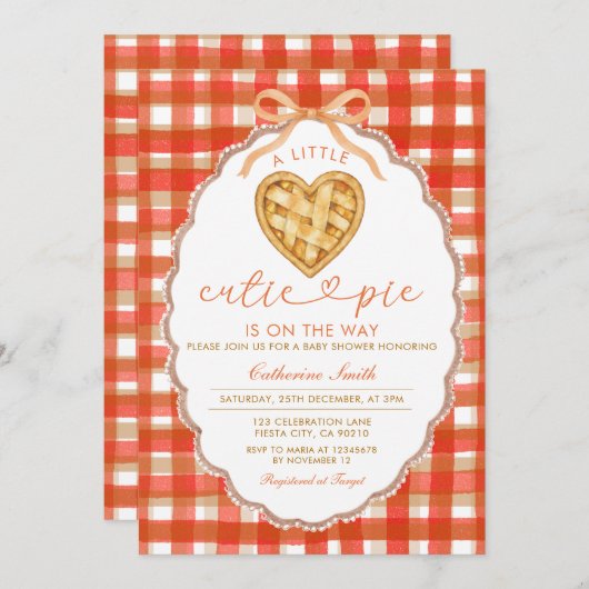 Red Gingham Heart Cutie Pie Baby Shower 招待状 (正面/裏面)