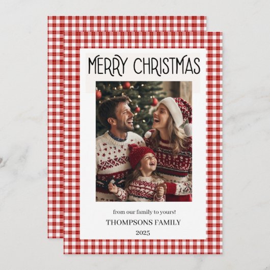 Red Gingham Holiday Family Photo Card シーズンカード (正面/裏面)