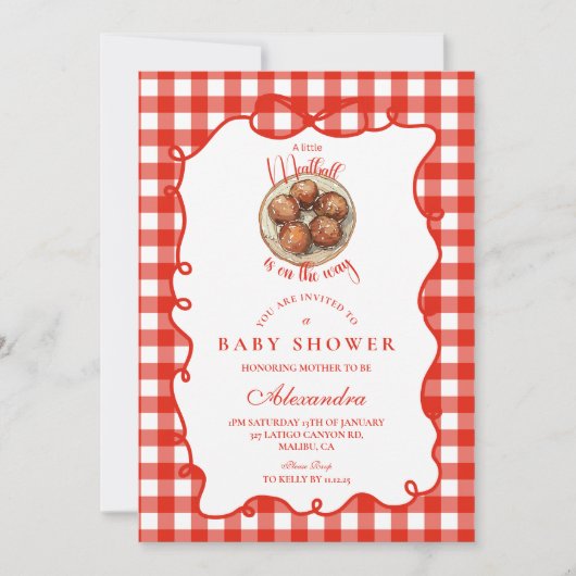 Red Gingham Meatball Baby Shower 招待状 (正面)