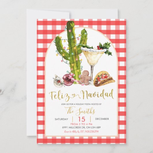 Red Gingham Mexican Feliz Navidad Christmas Party 招待状 (正面)