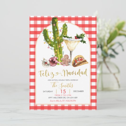 Red Gingham Mexican Feliz Navidad Christmas Party 招待状 (スタンド正面)