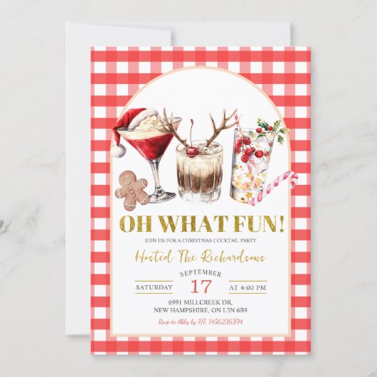 Red Gingham Oh What Fun Christmas Cocktail Party 招待状 (正面)
