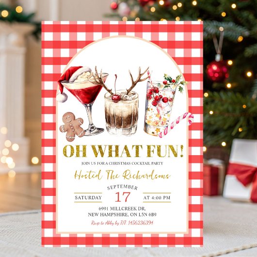 Red Gingham Oh What Fun Christmas Cocktail Party 招待状