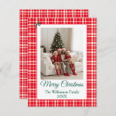 Red Gingham Plaid Merry Christmas Photo エンクロージャーカード (正面/裏面)