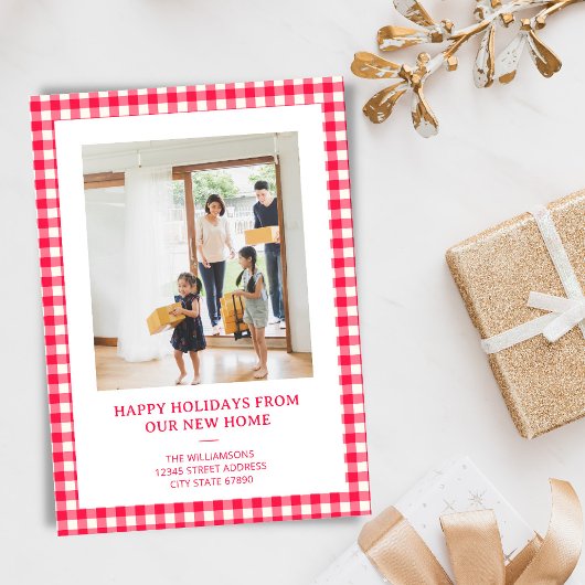 Red Gingham Plaid New Home Moving Christmas Photo シーズンカード