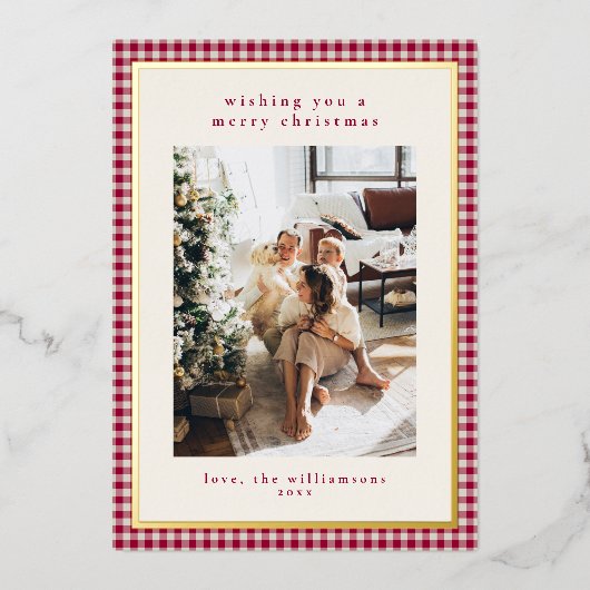 Red Gingham Plaid Portrait Photo Christmas Gold 箔シーズンカード (正面)