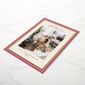 Red Gingham Plaid Portrait Photo Christmas Gold 箔シーズンカード (回転した状態)