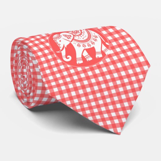 Red Gingham Plaid with White Elephant ネクタイ (ロール)