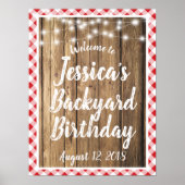Red Gingham Rustic Wood Backyard BBQ Birthday Sign ポスター (正面)
