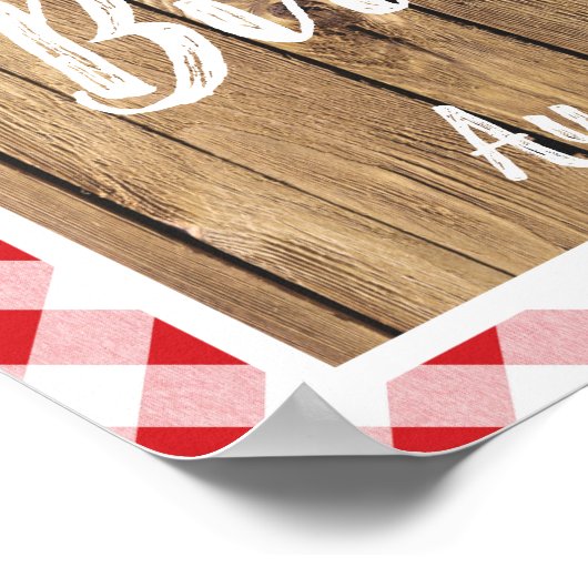 Red Gingham Rustic Wood Backyard BBQ Birthday Sign ポスター (角)