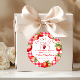 Red Gingham Strawberries Baby Shower Thank You ラウンドシール