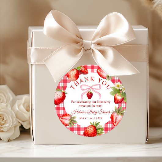 Red Gingham Strawberries Baby Shower Thank You ラウンドシール