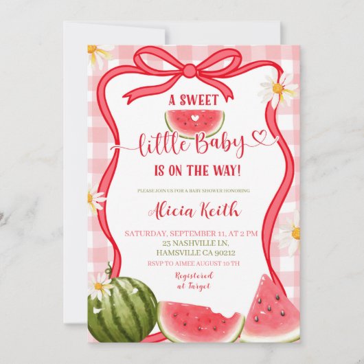 Red Gingham Watermelon Bow Summer Baby Shower Invi 招待状 (正面)