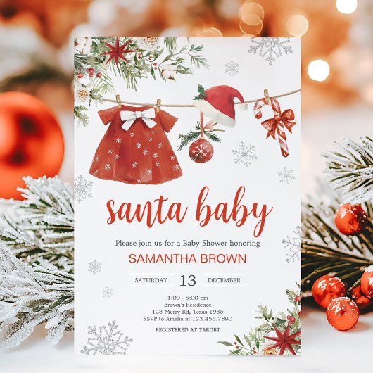 Red Girl Santa Christmas Baby Shower  招待状