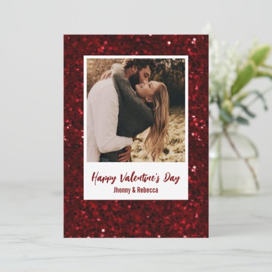 Red Glitter Couple Photo Happy Valentine's Day シーズンカード (スタンド正面)