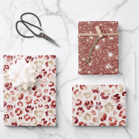 Red Glitter Cream Leopard Animal Print Birthday ラッピングペーパーシート (正面)