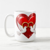 Red Glitter Heart With Interlocked Wedding Rings コーヒーマグカップ (左)