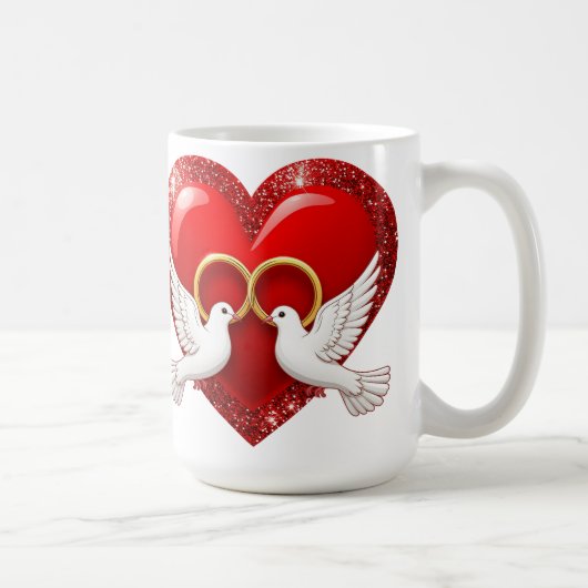Red Glitter Heart With Interlocked Wedding Rings コーヒーマグカップ (右)