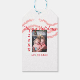 Red glitter kids family photo happy holidays name ギフトタグ