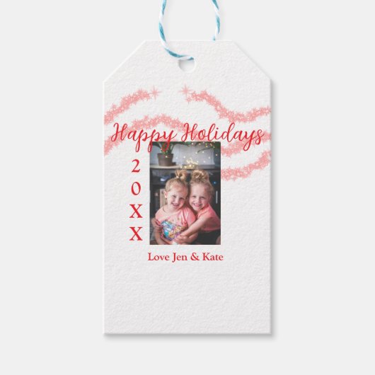 Red glitter kids family photo happy holidays name ギフトタグ (正面)