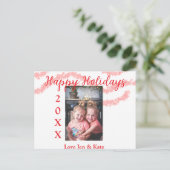 Red glitter kids family photo happy holidays name シーズンポストカード (スタンド正面)