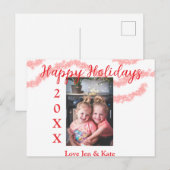 Red glitter kids family photo happy holidays name シーズンポストカード (正面/裏面)