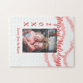 Red glitter kids family photo happy holidays name ジグソーパズル (横)