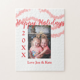 Red glitter kids family photo happy holidays name ジグソーパズル