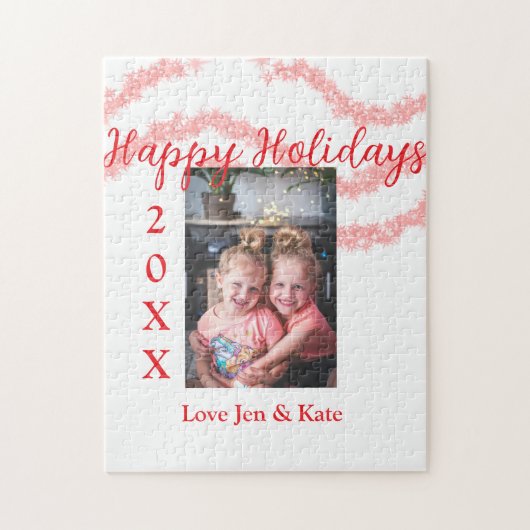 Red glitter kids family photo happy holidays name ジグソーパズル (縦)