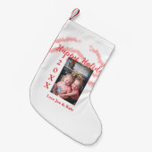 Red glitter kids family photo happy holidays name スモールクリスマスストッキング (正面 (吊り時))
