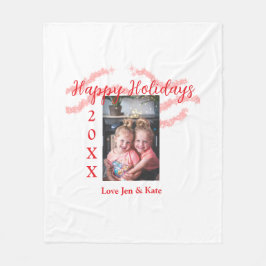 Red glitter kids family photo happy holidays name フリースブランケット