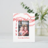 Red glitter kids family photo happy holidays name ポストカード (スタンド正面)